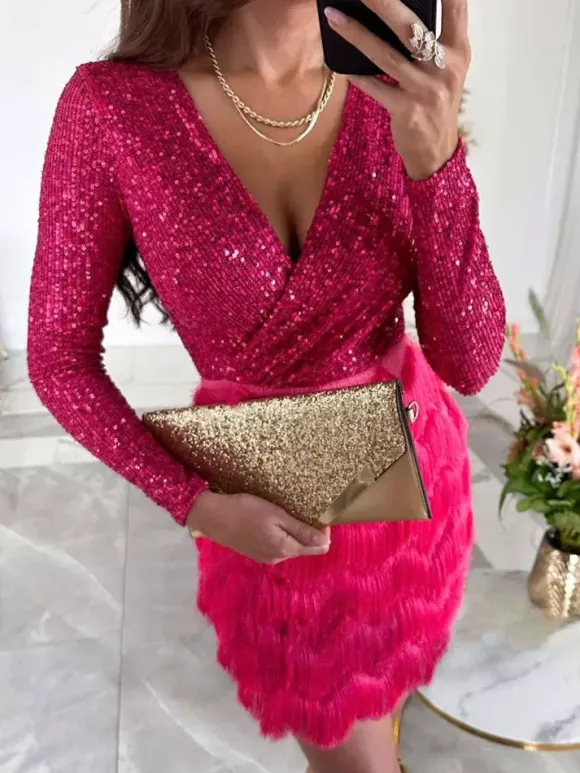Club Dress For Women Rose V-Neck Sequins Long Sleeves Polyester Clothes Sexy Dress