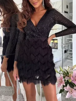 Club Dress For Women Rose V-Neck Sequins Long Sleeves Polyester Clothes Sexy Dress