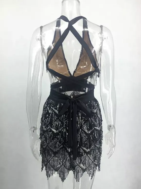 Club Dress For Women Sexy Fringe Sleeveless Black Sexy Dress
