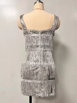 Club Dress For Women Silver Off-The-Shoulder Sequins Sleeveless Polyester Backless Sexy Dress