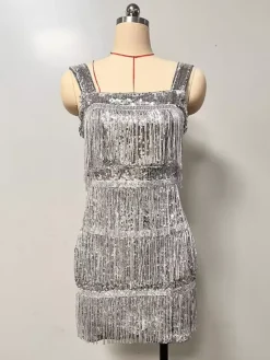 Club Dress For Women Silver Off-The-Shoulder Sequins Sleeveless Polyester Backless Sexy Dress