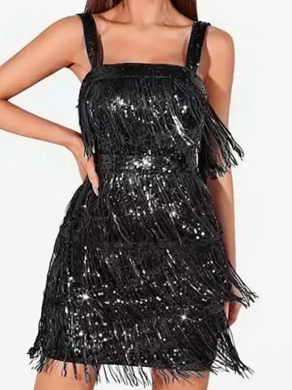 Club Dress For Women Silver Off-The-Shoulder Sequins Sleeveless Polyester Backless Sexy Dress