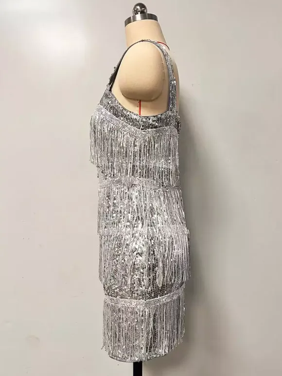 Club Dress For Women Silver Off-The-Shoulder Sequins Sleeveless Polyester Backless Sexy Dress