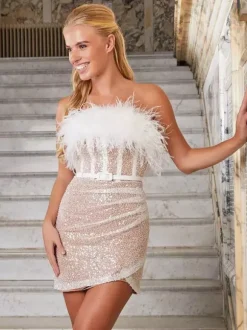 Club Dress For Women Strapless Chic Feathers Sleeveless Backless White Sexy Dress