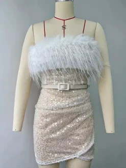 Club Dress For Women Strapless Chic Feathers Sleeveless Backless White Sexy Dress