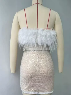 Club Dress For Women Strapless Chic Feathers Sleeveless Backless White Sexy Dress