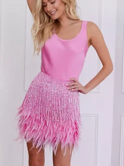 Club Dress For Women U-Neck Sexy Fringe Sleeveless Pink Sexy Dress