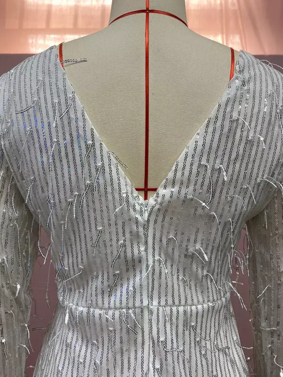 Club Dress For Women V-Neck Chic Sequins Long Sleeves Backless Silver Sexy Dress