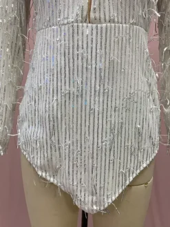 Club Dress For Women V-Neck Chic Sequins Long Sleeves Backless Silver Sexy Dress