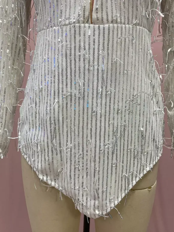 Club Dress For Women V-Neck Chic Sequins Long Sleeves Backless Silver Sexy Dress