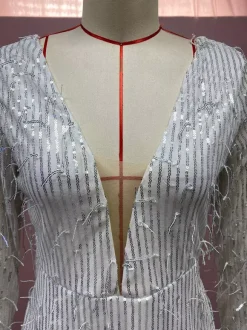 Club Dress For Women V-Neck Chic Sequins Long Sleeves Backless Silver Sexy Dress