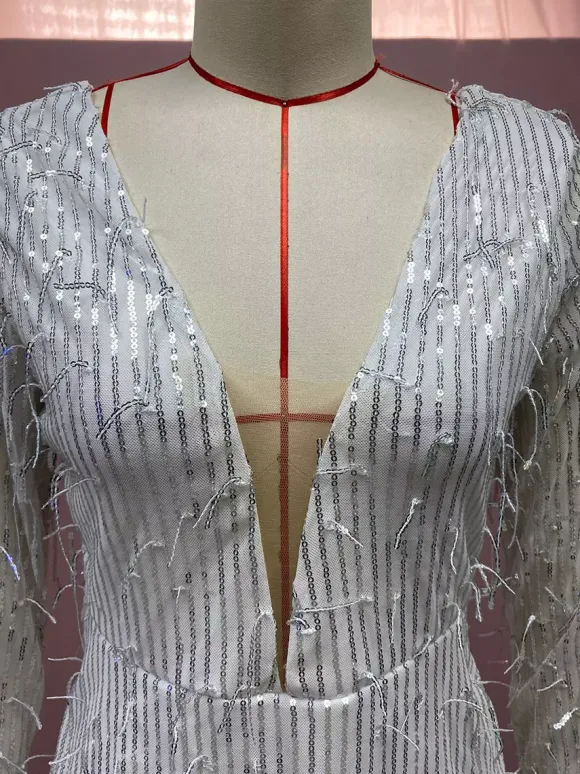 Club Dress For Women V-Neck Chic Sequins Long Sleeves Backless Silver Sexy Dress