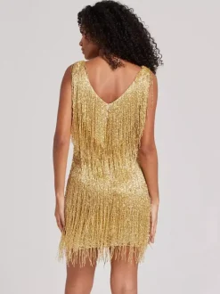 Club Dress For Women V-Neck Chic Sequins Sleeveless Polyester Backless Silver Sexy Dress