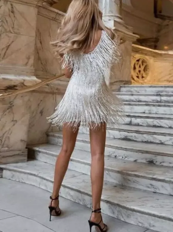 Club Dress For Women V-Neck Chic Sequins Sleeveless Polyester Backless Silver Sexy Dress