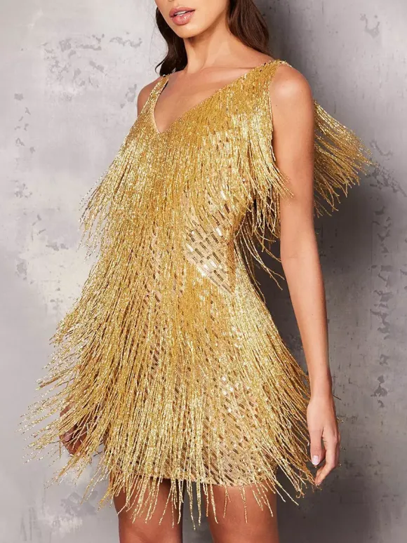 Club Dress For Women V-Neck Chic Sequins Sleeveless Polyester Backless Silver Sexy Dress