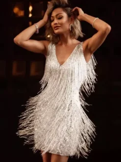 Club Dress For Women V-Neck Chic Sequins Sleeveless Polyester Backless Silver Sexy Dress