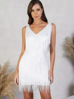 Club Dress For Women V-Neck Chic Sequins Sleeveless Polyester Backless Silver Sexy Dress
