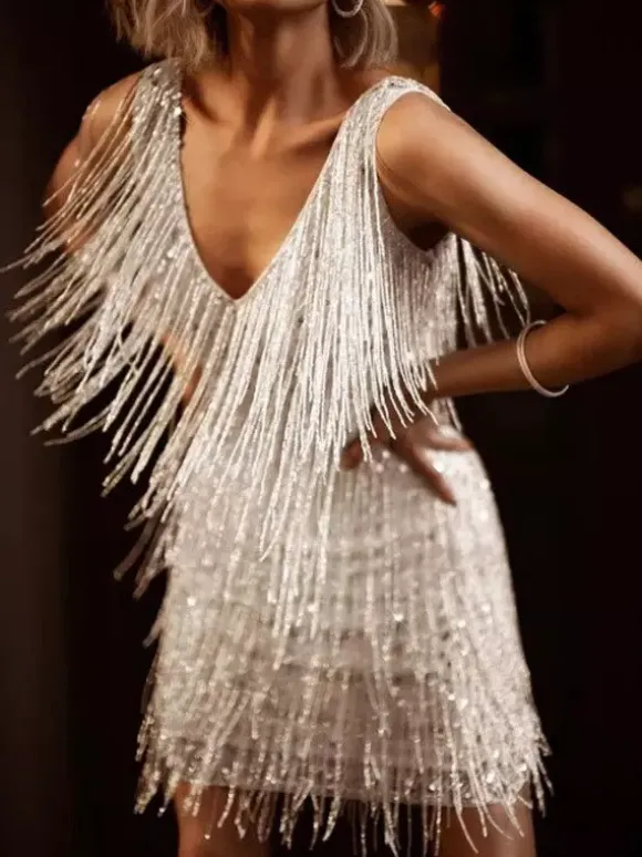 Club Dress For Women V-Neck Chic Sequins Sleeveless Polyester Backless Silver Sexy Dress
