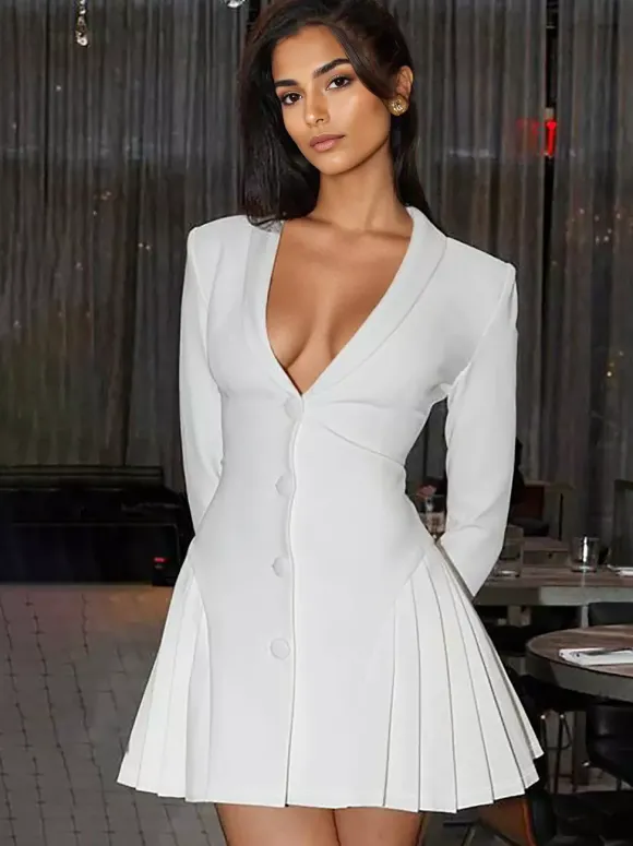 Club Dress For Women V-Neck Sexy Long Sleeves Polyester White Sexy Dress