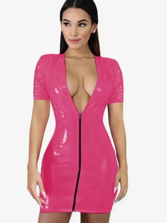 Club Dress For Women V-Neck Sexy Zipper Short Sleeves PU Leather Red Sexy Dress