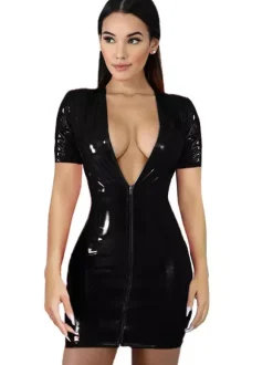 Club Dress For Women V-Neck Sexy Zipper Short Sleeves PU Leather Red Sexy Dress