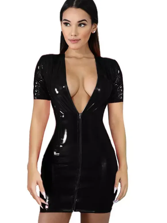 Club Dress For Women V-Neck Sexy Zipper Short Sleeves PU Leather Red Sexy Dress