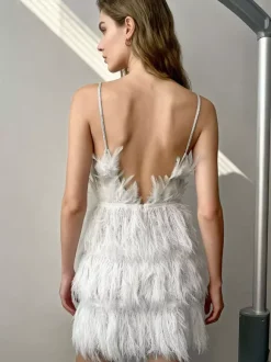 Club Dress For Women White Straps Neck Feathers Sleeveless Polyester Backless Sexy Dress