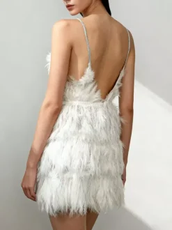 Club Dress For Women White Straps Neck Feathers Sleeveless Polyester Backless Sexy Dress