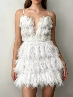 Club Dress For Women White Straps Neck Feathers Sleeveless Polyester Backless Sexy Dress