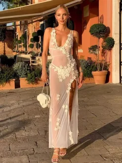 Club Dress For Women White V-Neck Flowers Sleeveless Backless Sexy Dress