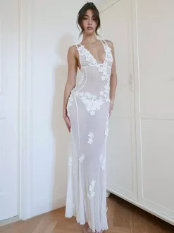Club Dress For Women White V-Neck Flowers Sleeveless Backless Sexy Dress