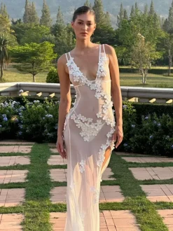 Club Dress For Women White V-Neck Flowers Sleeveless Backless Sexy Dress
