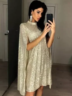 Club Dress Gold Jewel Neck Sequins Sexy Knee Length Dress
