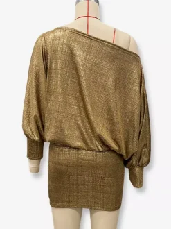 Club Dress Gold Notched Neckline Long Sleeves Asymmetrical Sexy Dress