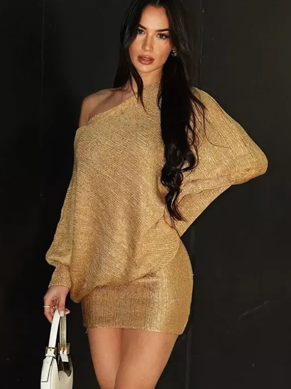 Club Dress Gold Notched Neckline Long Sleeves Asymmetrical Sexy Dress