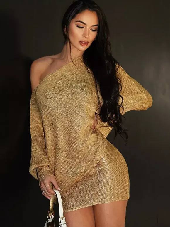 Club Dress Gold Notched Neckline Long Sleeves Asymmetrical Sexy Dress