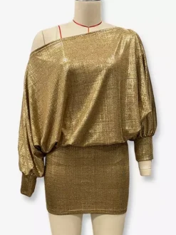 Club Dress Gold Notched Neckline Long Sleeves Asymmetrical Sexy Dress