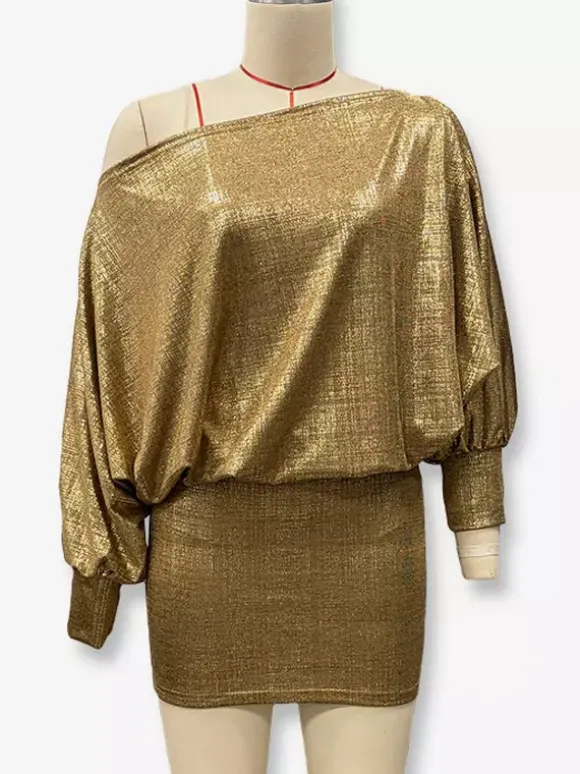 Club Dress Gold Notched Neckline Long Sleeves Asymmetrical Sexy Dress