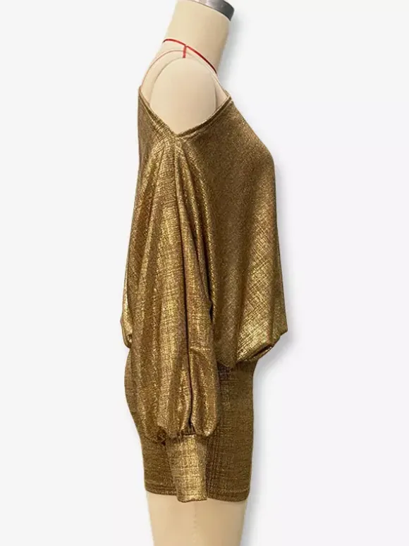 Club Dress Gold Notched Neckline Long Sleeves Asymmetrical Sexy Dress
