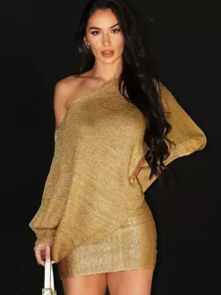 Club Dress Gold Notched Neckline Long Sleeves Asymmetrical Sexy Dress