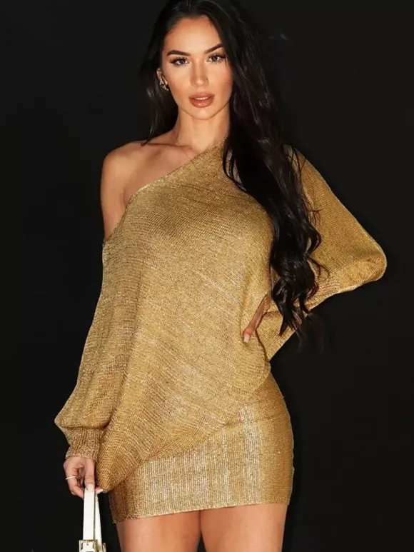 Club Dress Gold Notched Neckline Long Sleeves Asymmetrical Sexy Dress