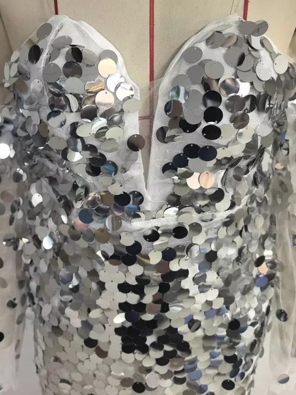 Club Dress Gold Straps Neck Sequins Long Sleeves Polyester Backless Sexy Dress