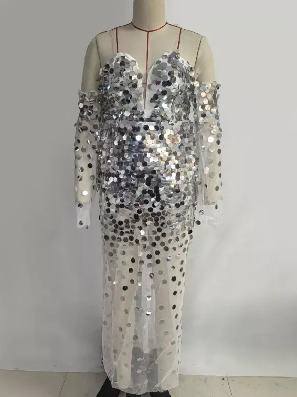 Club Dress Gold Straps Neck Sequins Long Sleeves Polyester Backless Sexy Dress