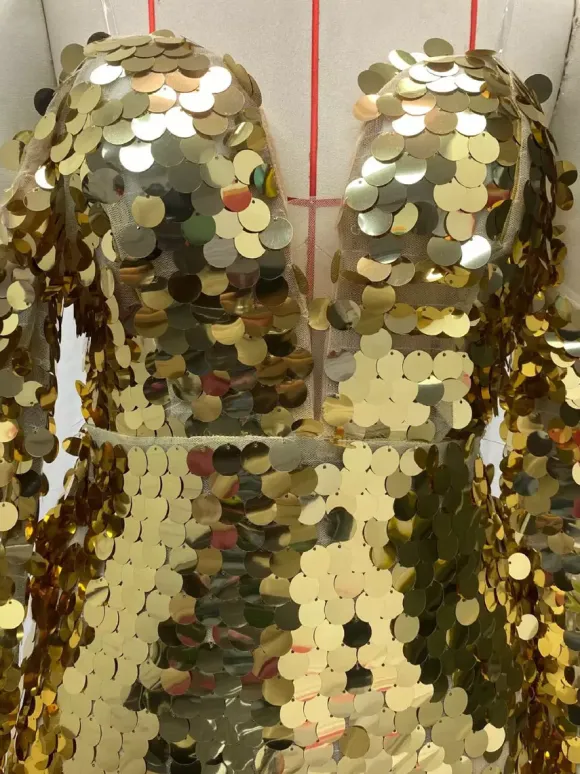 Club Dress Gold Straps Neck Sequins Long Sleeves Polyester Backless Sexy Dress