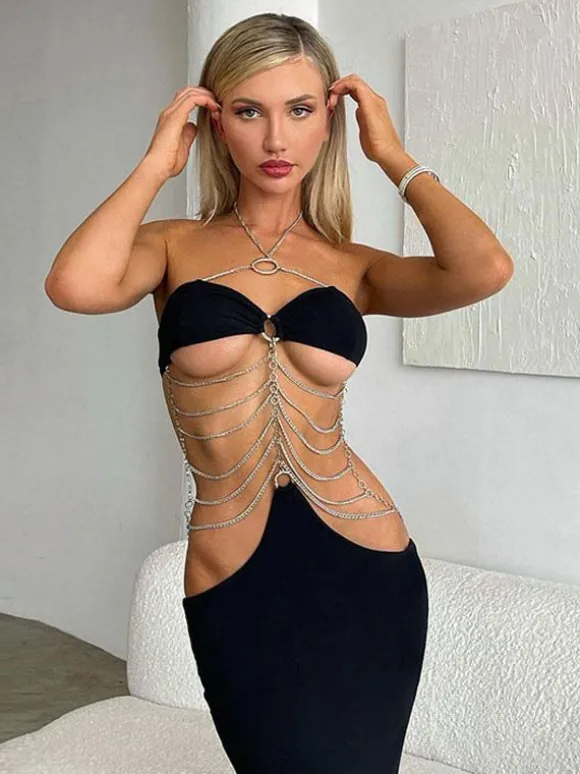 Club Dress Halter Neck Chain Backless Sexy Black Long Dress