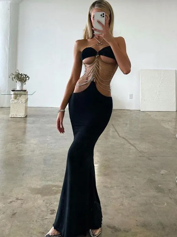 Club Dress Halter Neck Chain Backless Sexy Black Long Dress