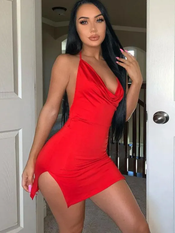 Club Dress Halter Neck Split Front Sleeveless Lycra Spandex Stretch Red Sexy Dress