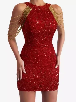 Club Dress Jewel Neck Casual Chains Sleeveless Polyester Burgundy Sexy Dress