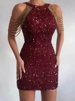 Club Dress Jewel Neck Casual Chains Sleeveless Polyester Burgundy Sexy Dress
