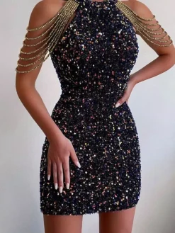 Club Dress Jewel Neck Casual Chains Sleeveless Polyester Burgundy Sexy Dress